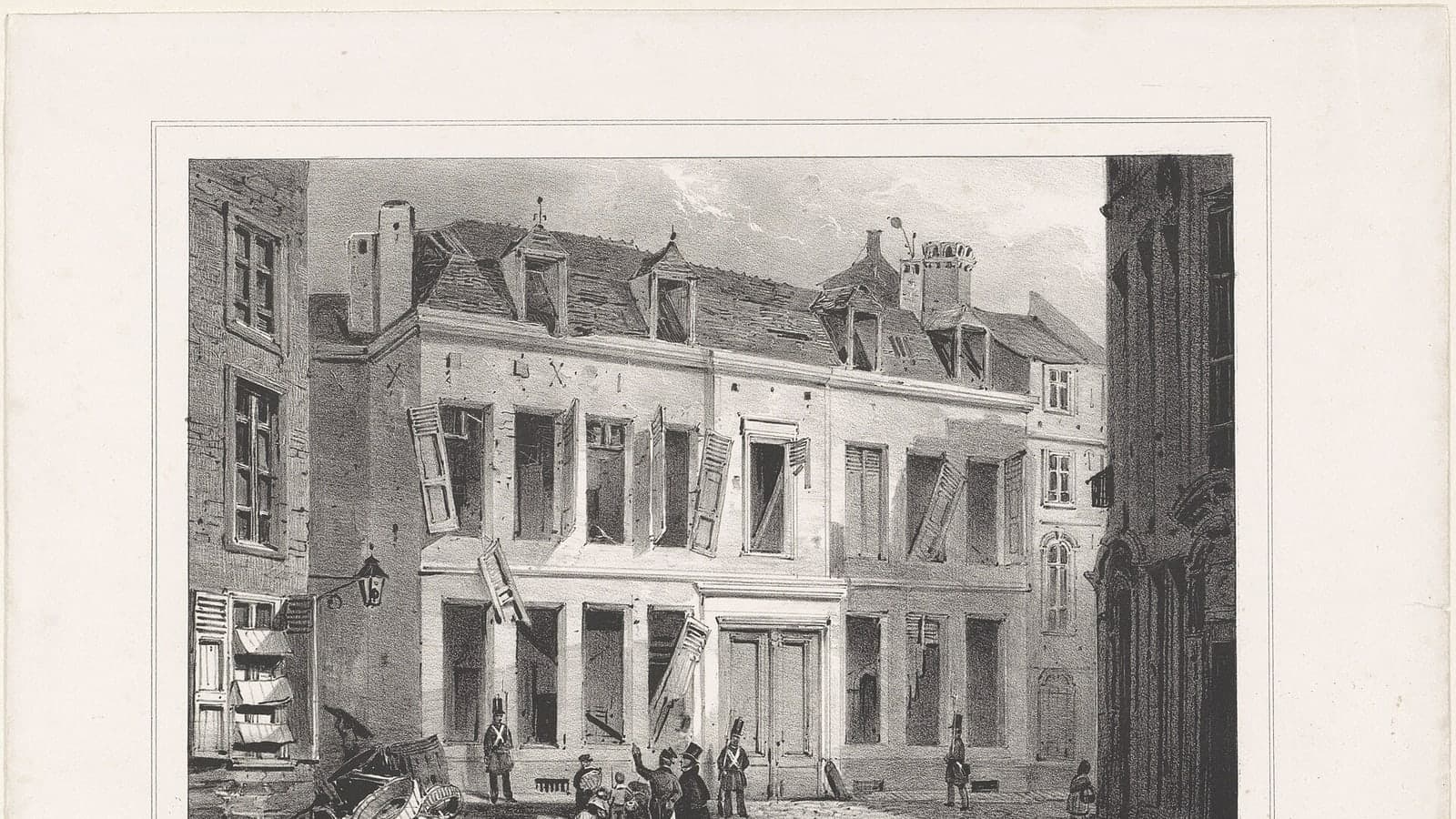 Wiki File:Geplunderd huis van mr. Matthieu, 1831 Maison de Mr. Rue d'Anderlecht après le pillage du dimanche 27 Mars (titel op object)… — contextual file photograph